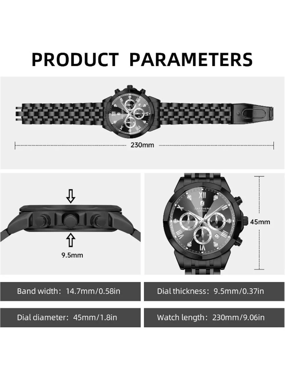 Men's Black Chronograph Stainless Steel Waterproof Analog Quartz Wrist Watch